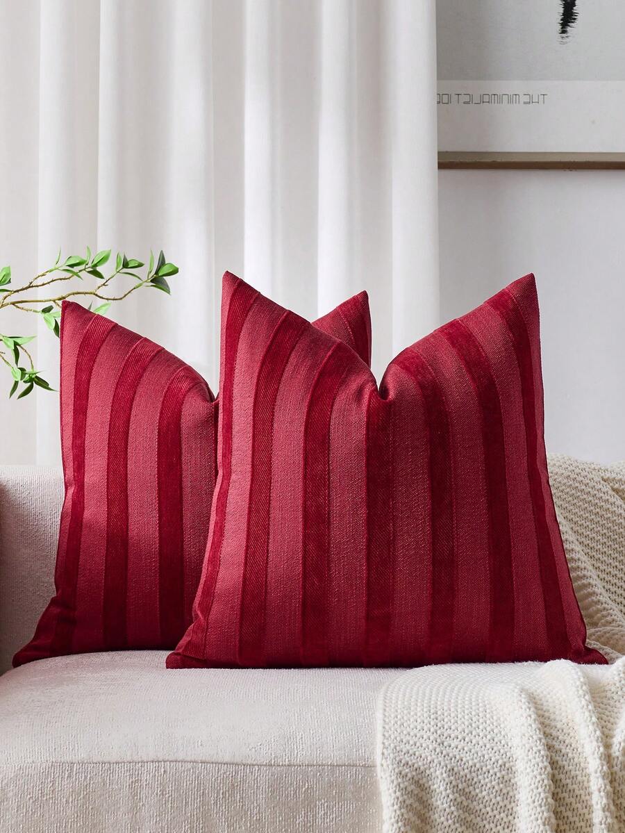 1pc/2pcs Red 3D Striped Throw Pillow Cover (Pillow Insert Not Included), Modern Soft Chenille Decorative Cushion Cover With Vintage Texture, Suitable For Home Sofa, Bedroom, Decor, All Seasons