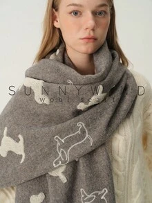 1pc Women's Dachshund Embroidered Cute Fashion Versatile Wool Scarf, Warm Essential For Autumn/Winter Daily Wear - Grey - View 4