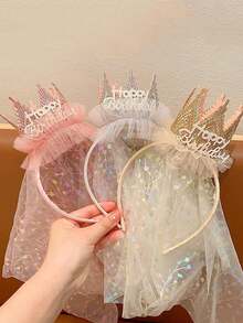 1pc Happy Birthday Crown Headband, Sparkly Pink Tiara With Shimmer Printed Tulle Veil, Sweet Princess Hair Hoop For Birthday Party Photoshoot Decor - Multicolor - View 5