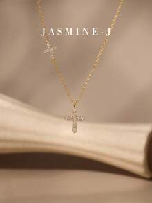 1pc S925 Sterling Silver Full Rhinestone Double Cross Necklace, Pure Silver Plated 14K Gold Women's Jewelry Layered Necklace, Full Rhinestone Cross Necklace, Double Cross Necklace, Unique Design, Simple And Versatile, Suitable For Women's Daily/Party Wear - Multicolor - View 7