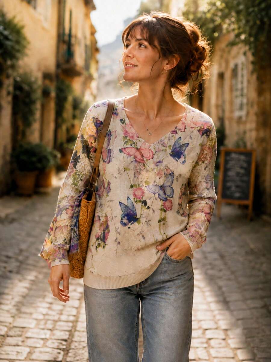 優雅花卉印花V領長袖針織衫,四季皆宜,波希米亞風,適合旅行度假秋季 - 藍紫色 - 查看 1