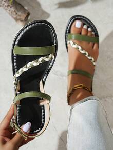 Women's Flat Sandals With Woven Strap Bohemian Style Design, New Summer Beach Wear, Fashionable, Elegant, Comfortable, Versatile, Suitable For Shopping And Home - Dark Green - View 13