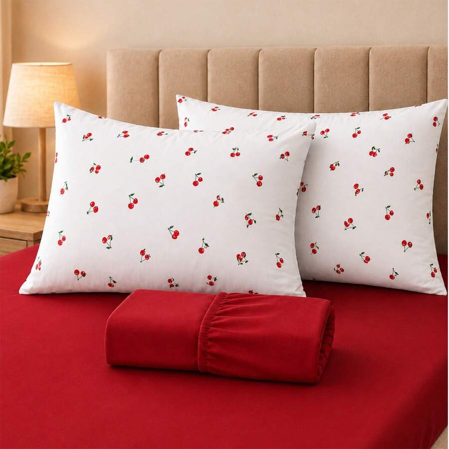 King Size 3-Piece Sheet Set, 400 Thread Count Micropercal, Soft Touch, With Fitted Sheet And Printed Pillowcases - CHERRY RED - View 1