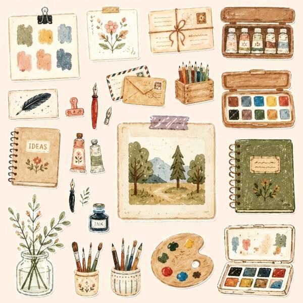 1 Set Watercolor Painting Tools Scrapbook Stickers, Vintage Art Supplies Palette Brush Notebook Ink Bottle Floral Jar Design, Suitable For Scrapbooking, Diary Planner, Photo Album DIY Decoration, Aesthetic Art Craft Stationery Artist Gift