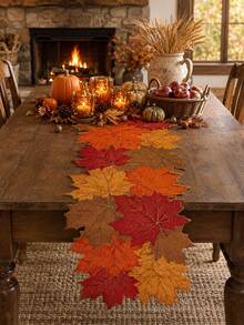 1pc Autumn Maple Leaf Shaped Linen Table Runner, Farmhouse Style Harvest Layered Leaf Dining Table Runner, Rustic Seasonal Table Centerpiece Decor, Suitable For Kitchen, Dining Room, Coffee Table, Thanksgiving Halloween Autumn Home Party Decoration - Multicolor - View 1