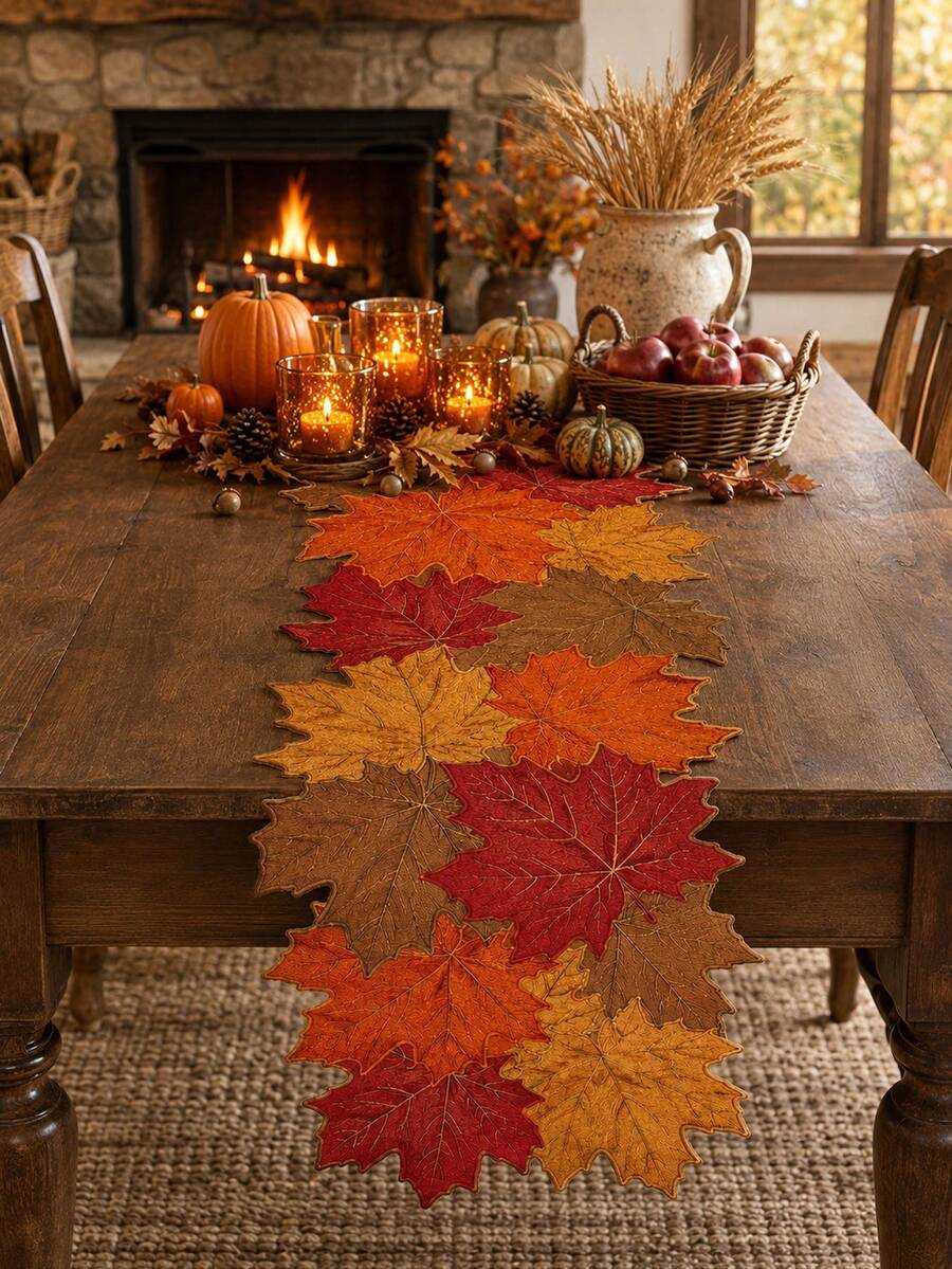 1pc Autumn Maple Leaf Shaped Linen Table Runner, Farmhouse Style Harvest Layered Leaf Dining Table Runner, Rustic Seasonal Table Centerpiece Decor, Suitable For Kitchen, Dining Room, Coffee Table, Thanksgiving Halloween Autumn Home Party Decoration - Multicolor - View 1