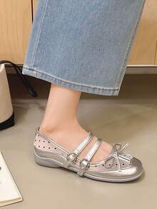 Women's Breathable Square Toe Thick Sole Mary Jane Shoes, Double Buckle Bow, Silver Sweet Cool Girl Spring Summer Versatile Shoes - Silver - View 3