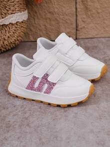 1 Pair Children's Pink Sequin Decorated Sports Shoes With Hook And Loop Design, Flat Fashion Sneakers Suitable For All Seasons - Pink - View 5