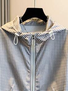 Petite Plaid Drawstring Hooded Jacket For Women, Autumn Design Style, Dropped Shoulder Lantern Sleeve, Lightweight Loose Versatile Jacket For Spring And Autumn - Plaid - View 8