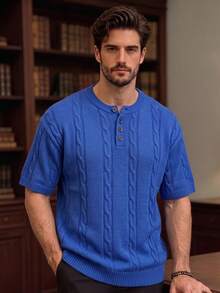 Men's Unisex Round Neck Knit Top, Casual Loose Fit Solid Color Half-Open Collar Short Sleeve T-Shirt, Spring/Summer - Blue - View 2
