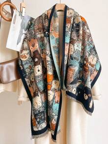 1pc Autumn/Winter New Youthful Cartoon Cat Pattern Faux Cashmere Jacquard Scarf For Women, Cute Soft Tassel Shawl, Warm Windproof Neck Warmer, Soft Skin-Friendly, Suitable For Holiday Gift Matching - Royal Blue - View 8