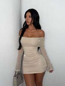 1pc Solid Color Sexy Knit Fabric Sleeveless Dress For Beach Vacation Autumn - Apricot - View 2