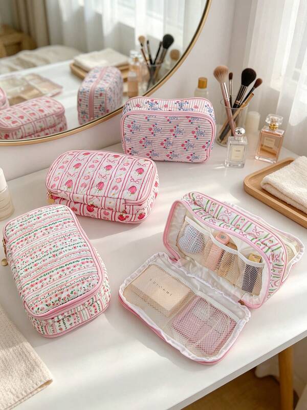 Double Layer Large Capacity Digital Storage Bag, Foam Quilted Charger Organizer, Floral Pattern, Electronic Cable Management Storage Bag