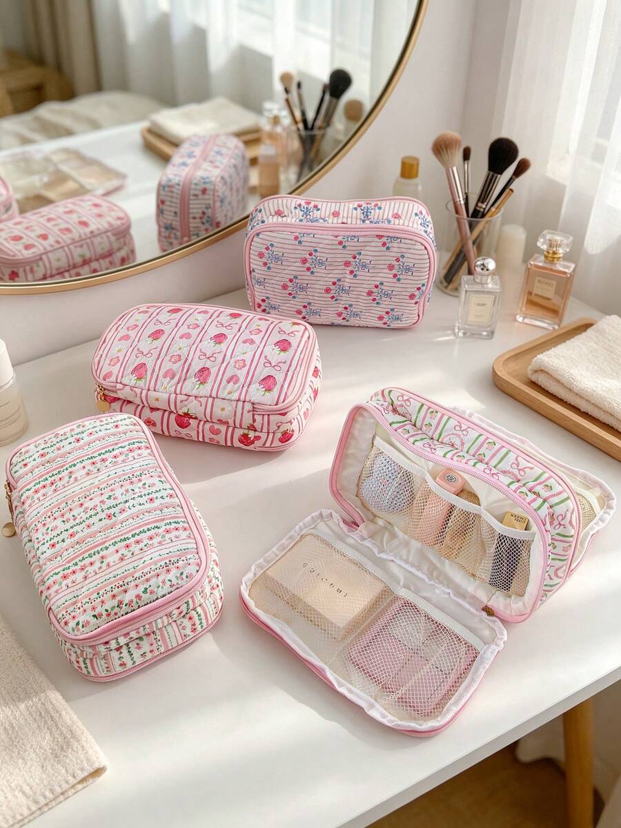 Double Layer Large Capacity Digital Storage Bag, Foam Quilted Charger Organizer, Floral Pattern, Electronic Cable Management Storage Bag - Multicolor - View 1