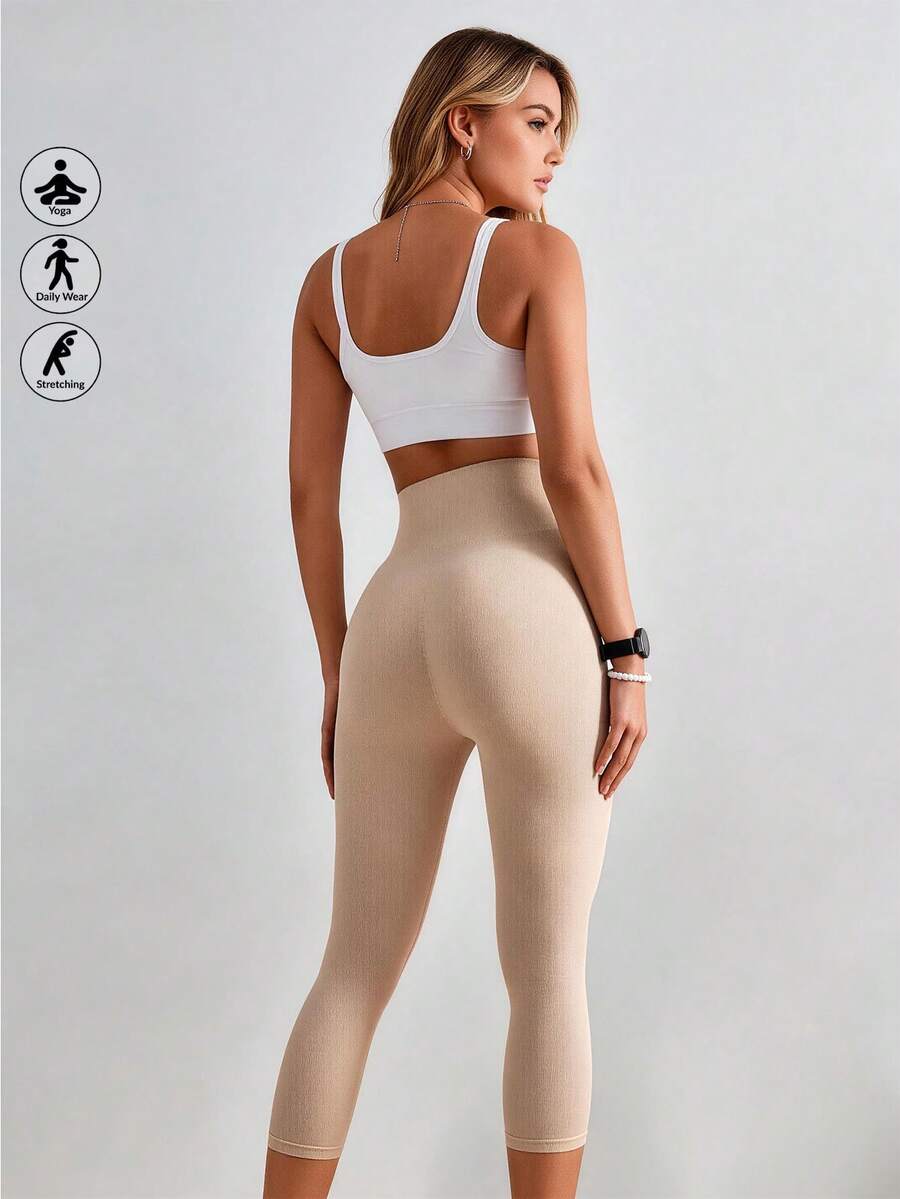 Runway Rest Women's High Waist 3/4 Length Compression Leggings, Tummy Control Shapewear - Apricot - View 1