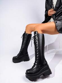 Women's Black Punk Rock Style High-Top Boots, Thick Platform Sole, Wear-Resistant Bottom, Metal Chain Lace-Up With Side Zipper, Autumn/Winter - Black - View 2