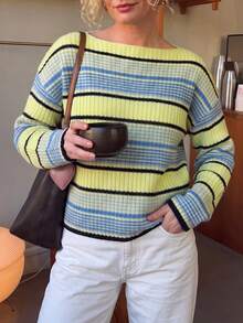 Women Fall Winter Color Block Striped Knit Sweater, Boat Neck Long Sleeve Loose Drop Shoulder Pullover For Daily, Date & Street Wear - Multicolor - View 3