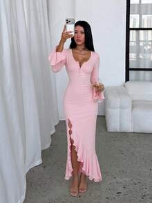 Autumn Solid Color Round Neck Ruffle Long Sleeve Dress Elegant Dress Party Date Casual - Pink - View 6