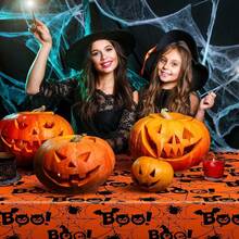 3pcs/1pc Halloween Disposable Plastic Rectangular Halloween Themed Tablecloth, Orange Spider Web Print, Suitable For Halloween, Christmas Party Table Decoration, Party Tablecloth Decoration 54*105 - Orange - View 5