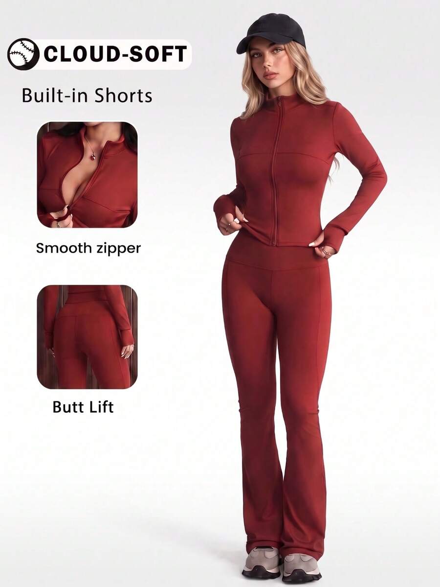 2pcs/Set Street Style Bodycon Outfit, Includes Zip-Front Jacket With Thumb Holes And High-Waisted Flare Pants With Adjustable Waistband, Sculpting And Confidence-Boosting Activewear Set For Women - Burgundy - View 1