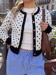 Women Fall Winter Casual Cardigan Sweater Long Sleeve Black With Polka Dot Tops Button Up Going Out Tops - Multicolor - View 6