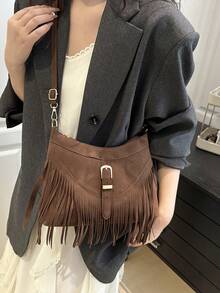 2026 New Suede Fringe Tote Handbag For Women, Chic Square Clasp Shoulder Bag, Crossbody Bag - Coffee - View 3