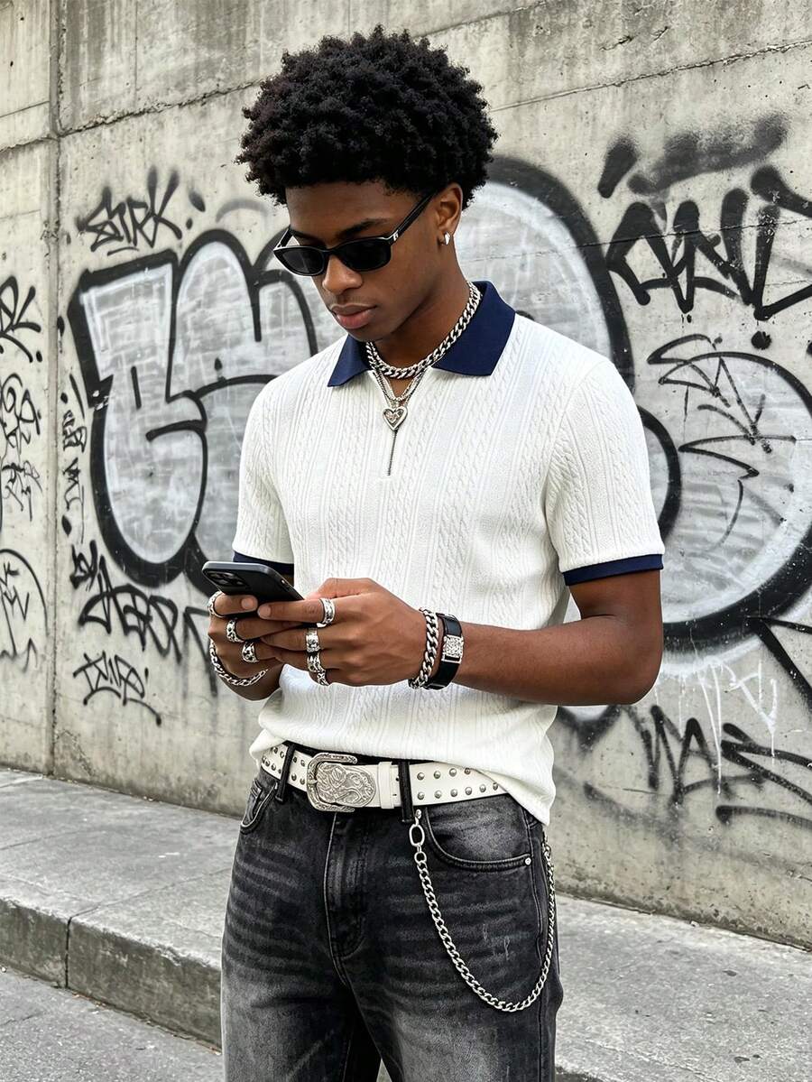 Men's Knitted Zip Polo Shirt, Contrast Navy Blue Collar And Cuffs With Textured Jacquard Pattern, Short Sleeve, Suitable For Summer Daily Casual Wear - White - View 1