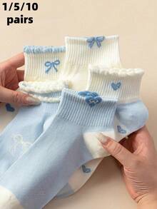 Women's Blue Bowknot Heart Pattern Short Socks, Cute Style, Soft & Skin-Friendly, Campus Wear, Casual Versatile - Multicolor - View 15