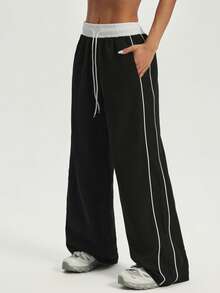 Women Contrast Waist Drawstring Wide Leg Woven Pants,Side Striped Piping Design,Athleisure Gym Outdoor Daily Trousers - Black - View 5