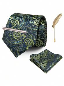 4‑Pcs Men Paisley Pattern Neck Tie Set, Jacquard Woven Necktie, Pocket Square, Tie Clip, Feather Lapel Pin For Wedding Business Formal Occasion - Multicolor - View 2