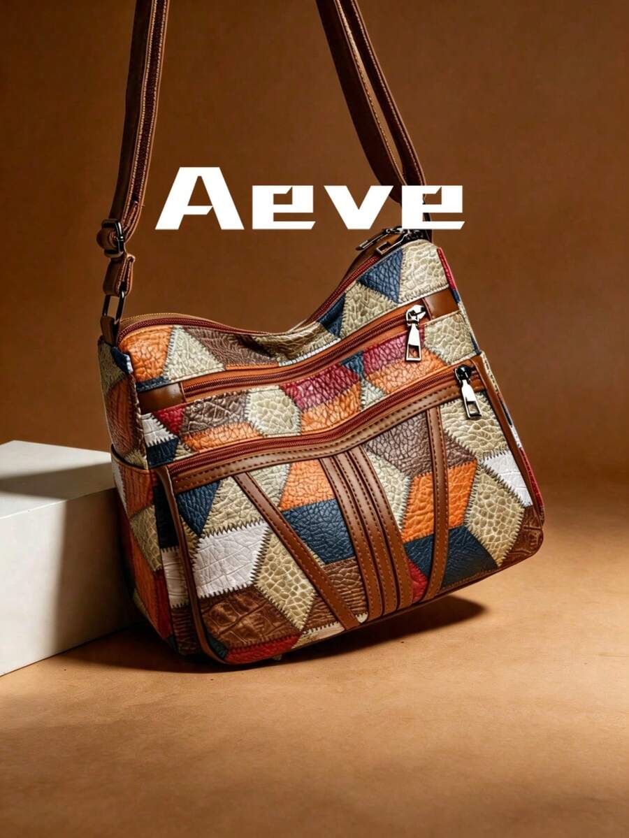 1pc Women's PU Patchwork Shoulder Bag, Large Capacity With Multiple Pockets, Casual & Versatile Messenger Bag For Outdoor/Commute