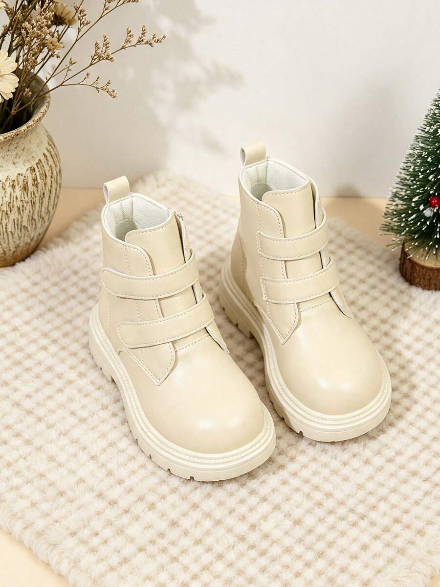 1 Pair Beige Fashionable Riding Boots, PU Matte Fabric, Double Hook & Loop, Minimalist Elegant Style, Round Toe, Rubber Thick Sole, Anti-Slip, Suitable For Mid-To-Large Girls, Daily School, Holiday, Party, Gathering, Versatile British Style Ankle Boots - Beige - View 1