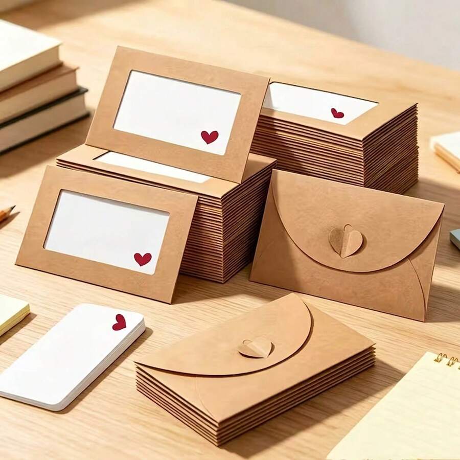 20 Sets Transparent Kraft Paper Window Envelopes With Cards, Back To School Gift, Mini Kraft Paper Envelopes, White Cardstock, Heart-Shaped Seal, Heart Pattern - Love - View 1
