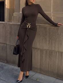 Gaun Maxi Model Duyung Leher Tinggi untuk Wanita Musim Gugur, Gaun Pesta Bodycon Lengan Panjang dengan Balutan dan Hiasan Ruffle di Pinggang - Coffee Brown - View 6