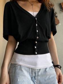 [無白色內層] 1件女款純色針織開襟衫，灰色，短袖，休閒居家風，適合生日派對，秋冬穿著，黑色 - 黑色 - 查看 1