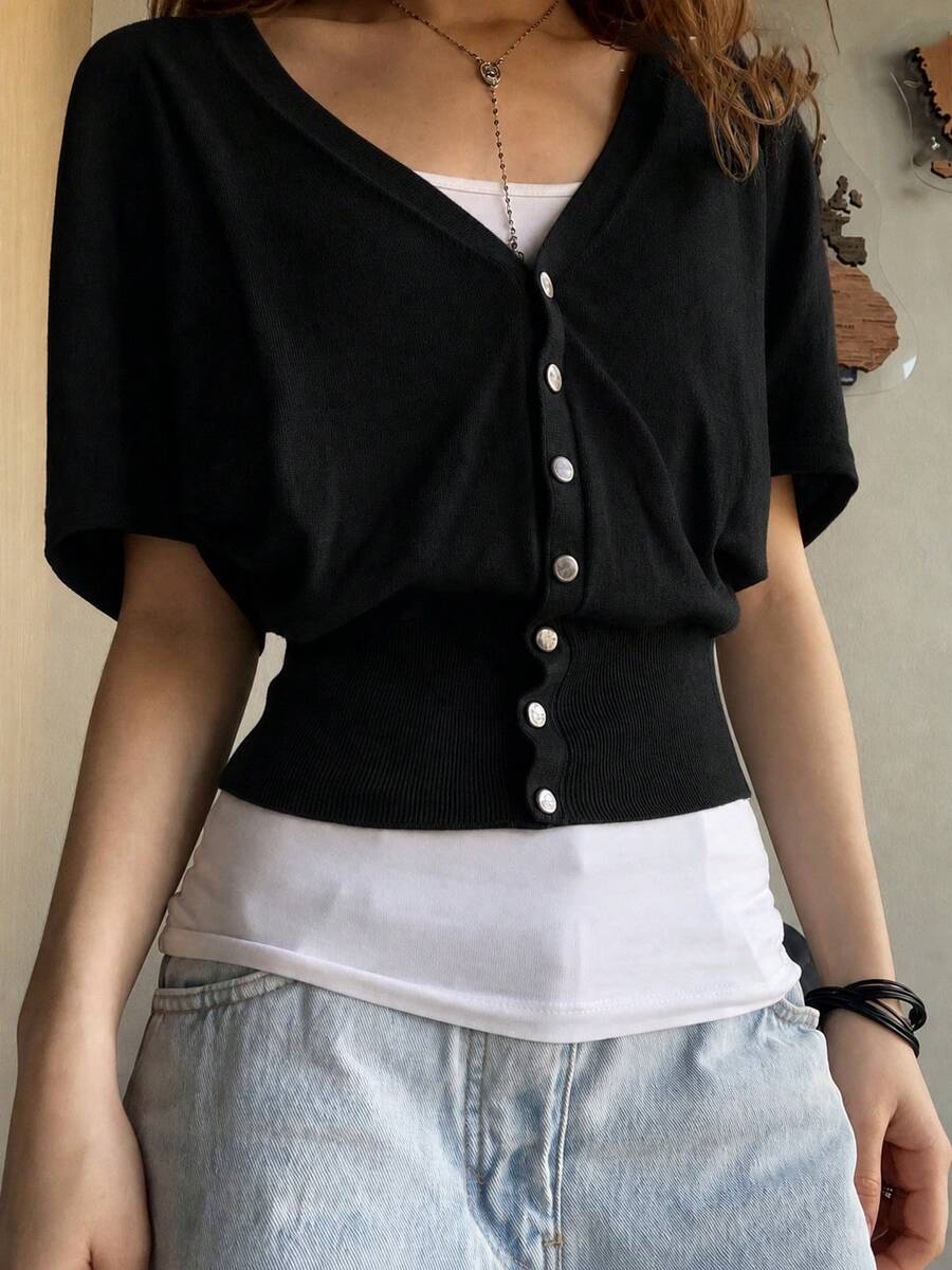 [無白色內層] 1件女款純色針織開襟衫，灰色，短袖，休閒居家風，適合生日派對，秋冬穿著，黑色 - 黑色 - 查看 1