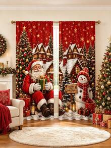 2 Peças Cortinas com Tema de Natal, Elementos Fofos de Papai Noel e Boneco de Neve, Segurando Presentes, Adequado para Decoração de Casa de Feriado de Natal, Decoração de Casa, Decoração de Atmosfera de Sala de Estar e Quarto, Decoração de Feriado de Natal 2027. Cortinas Semitransparentes com Passante para Vara. - Multicolorido A - Visão 2