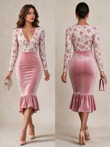 Vuslat Women's Autumn Deep V-Neck Vintage Gentle Floral Print Patchwork Mermaid Velvet Midi Dress, Suitable For Party, Birthday, Banquet, Date - Pink - View 2