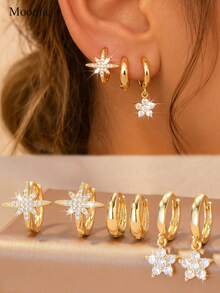 Elegant Fashion 6pcs Cubic Zirconia Earrings Set, Octagram And Four-Leaf Clover Decor, Suitable For Women's Daily Commute And Date Wear - Gold - View 1