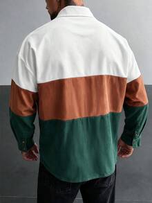 Modcrash Mens Autumn Business Casual Shirt, Colorblock Patchwork Button Up Long Sleeve Top, Vintage Office Commute Wear - Multicolor - View 7