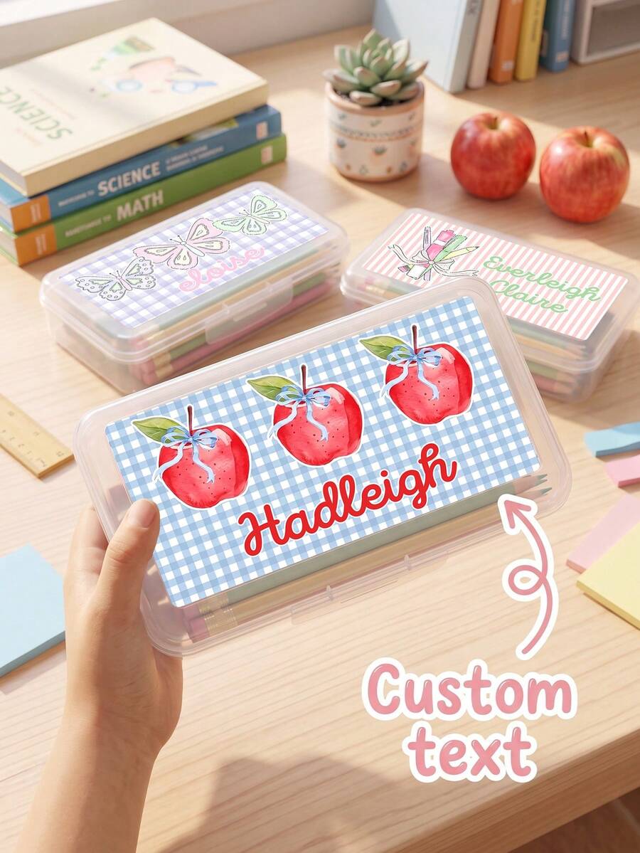 1pc Custom Text Transparent Pencil Box, Personalized Stationery Organizer, Cute Gingham Striped Pattern Hard Plastic Pencil Case, Back To School Supplies - Multicolor - View 1