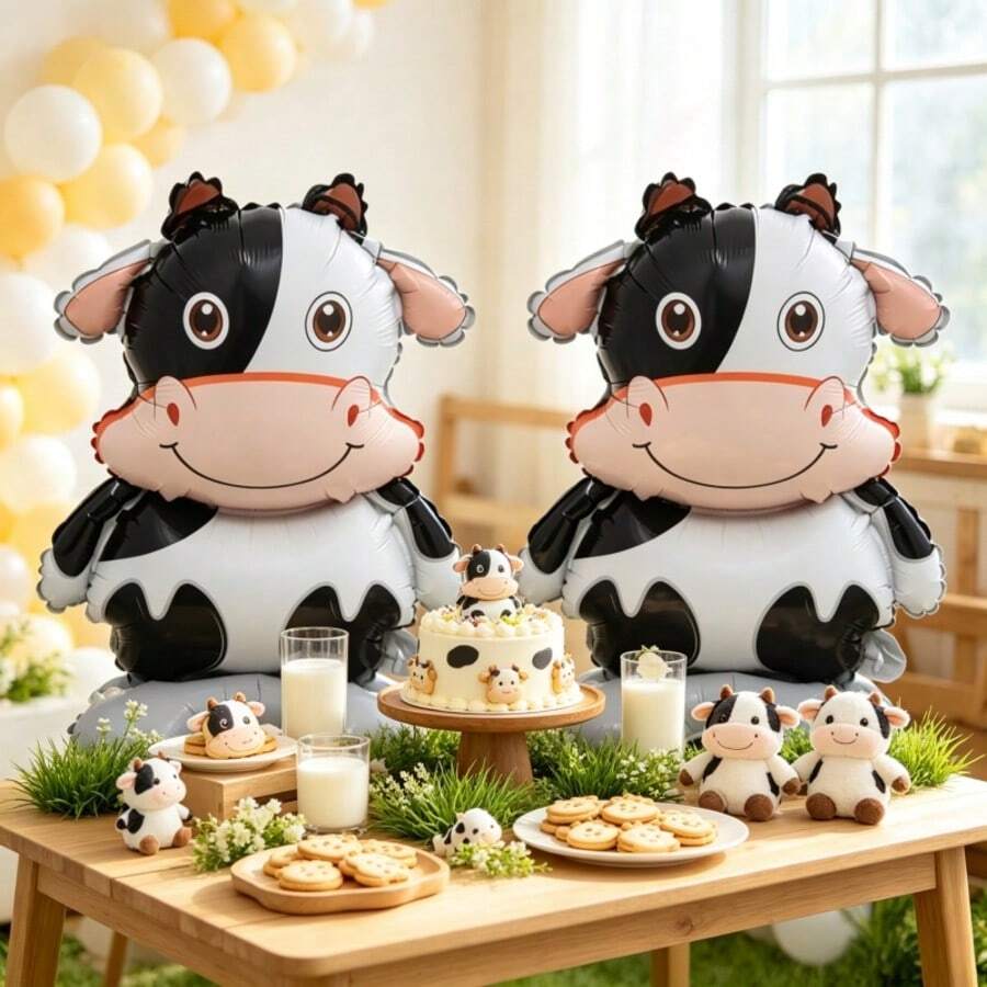 2pcs Small 3D Standing Black & White Cow Aluminum Foil Balloons, Suitable For Birthday Party Decoration Balloons, Theme Party Decoration Balloons - View 1