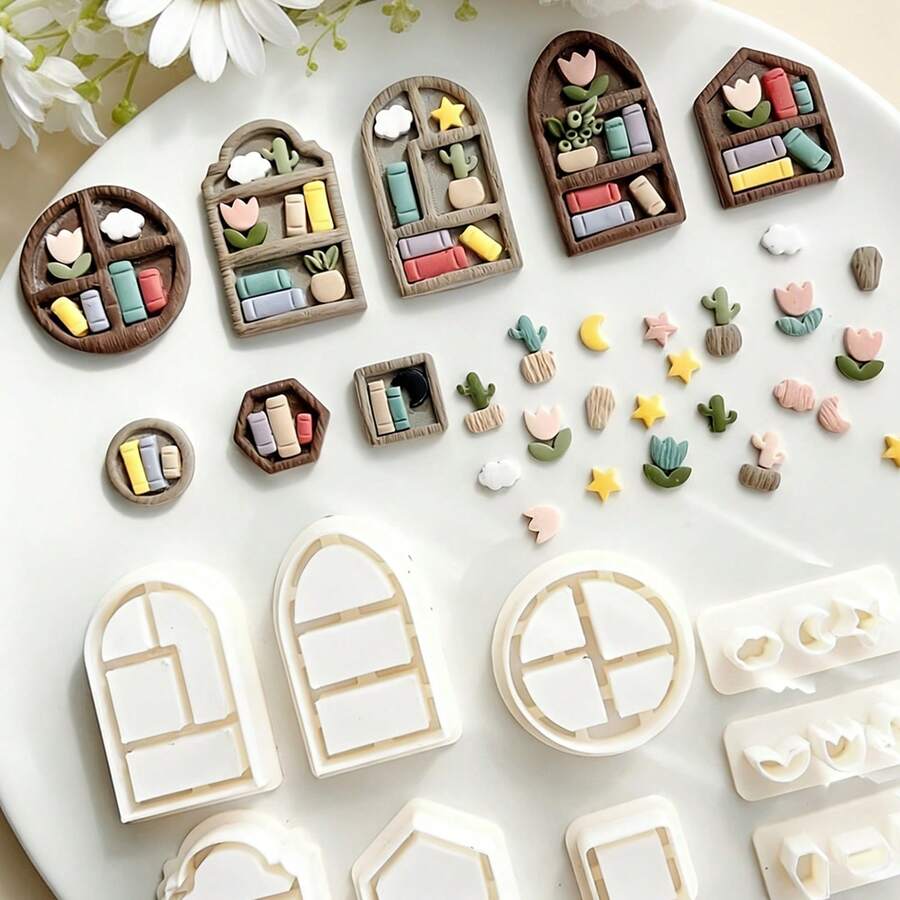 10Pcs Mini Window Bookshelf Scene Polymer Clay Cutters Set Book Plant Star Moon Clay Molds DIY Handmade Earring Pendant Jewelry Craft Supplies - 10 Pieces - View 1