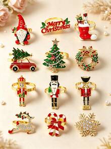 12pcs/Set Christmas Theme Napkin Rings, Christmas Series Mixed Metal Napkin Buckles Table Decor With Santa Claus, Christmas Stocking, Merry Christmas, Christmas Wreath, Candy Cane, Christmas Tree, Nutcracker, Christmas Reindeer, Snowflake, Suitable For Christmas Party Table Atmosphere Decoration - Multicolor - View 2
