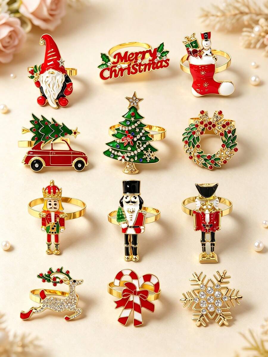 12pcs/Set Christmas Theme Napkin Rings, Christmas Series Mixed Metal Napkin Buckles Table Decor With Santa Claus, Christmas Stocking, Merry Christmas, Christmas Wreath, Candy Cane, Christmas Tree, Nutcracker, Christmas Reindeer, Snowflake, Suitable For Christmas Party Table Atmosphere Decoration