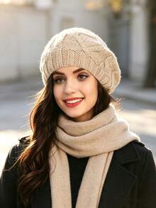Women Cable Knit Beret Hat, Warm Solid Color Slouchy Beanie, Fall Winter Soft Knitted Cap - Multicolor - View 7