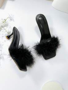 Fashionable Women's High Heel Sandals, High-End Fluffy Faux Feather-Like Elegant Toe Design, Casual Slip-On Half-Back Sandals - Black - View 8
