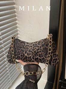 1件豹紋金鍊飾肩腋下法棍包 - 咖啡 - 查看 2