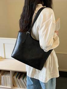 Sac fourre-tout à l'épaule vintage de couleur unie en PU, convient pour les femmes pour le shopping, les déplacements, l'utilisation quotidienne et les étudiants pour la rentrée scolaire - Noir - Voir 4