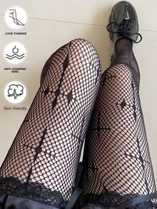 全印花十字鏤空網格哥德風魚網褲襪,性感派對 Cosplay 風格黑色魚網絲襪 - 黑色 - 查看 3